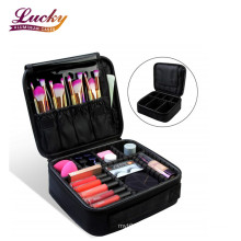 Cosmetic carrying travel makeup case large capacity box 2 layers with mirror removable dividers shoulder strap